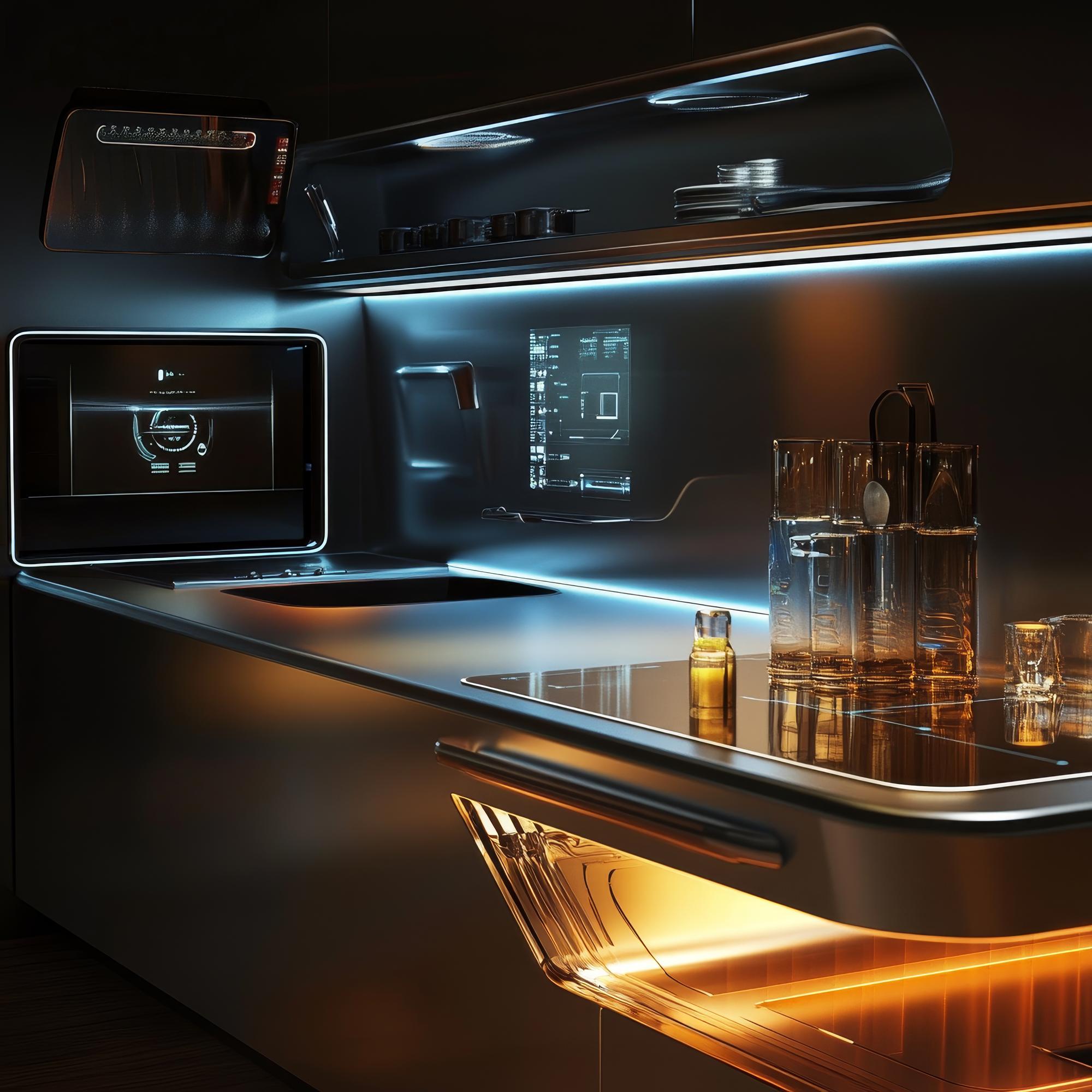 Modern test kitchen with stainless surfaces and digital screens